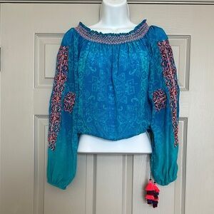 ROCOCO SAND Women's Blue Tassel Tie Waist Silk Blouse Embroidered Print Size S